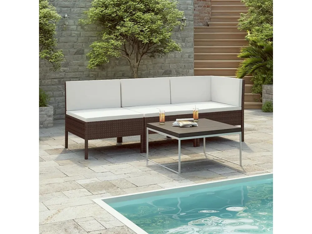 3 peças conjunto lounge jardim com almofadões vime PE castanho Fácil de Guardar