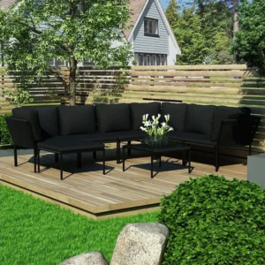 8 peças conjunto lounge de jardim com almofadões PVC preto com Encosto Ajustável