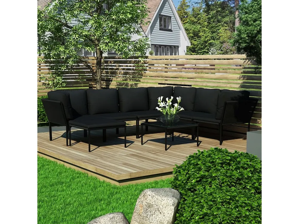 8 peças conjunto lounge de jardim com almofadões PVC preto com Encosto Ajustável