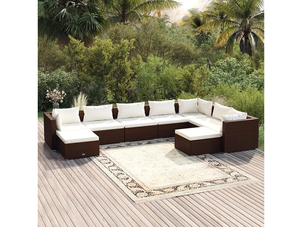 9 peças conjunto lounge jardim com almofadões vime PE castanho com Almofada Inclusa