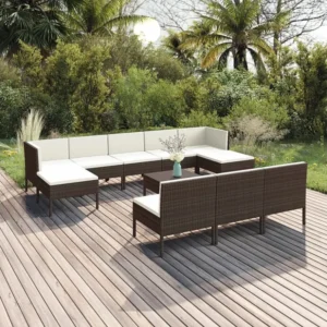11 peças conjunto lounge jardim com almofadões vime PE castanho com Encosto Ajustável