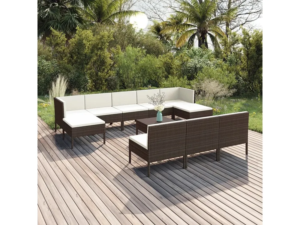 11 peças conjunto lounge jardim com almofadões vime PE castanho com Encosto Ajustável