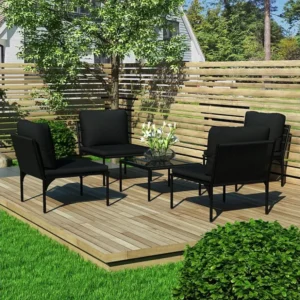 5 peças conjunto lounge de jardim com almofadões PVC preto | Montagem Fácil e Rápida