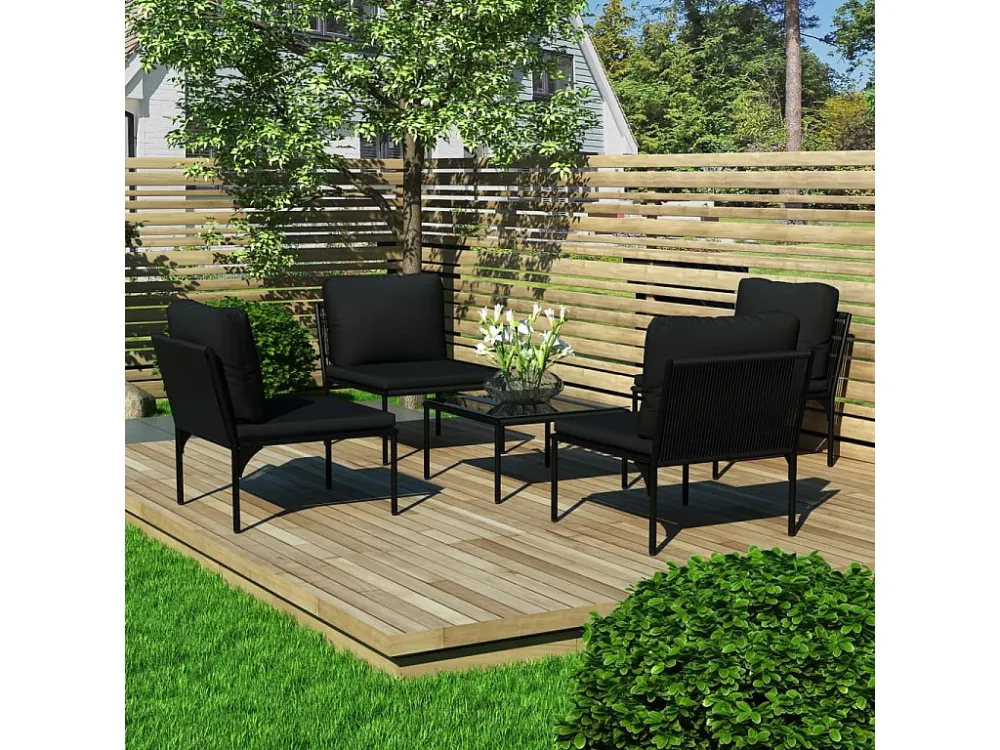 5 peças conjunto lounge de jardim com almofadões PVC preto | Montagem Fácil e Rápida