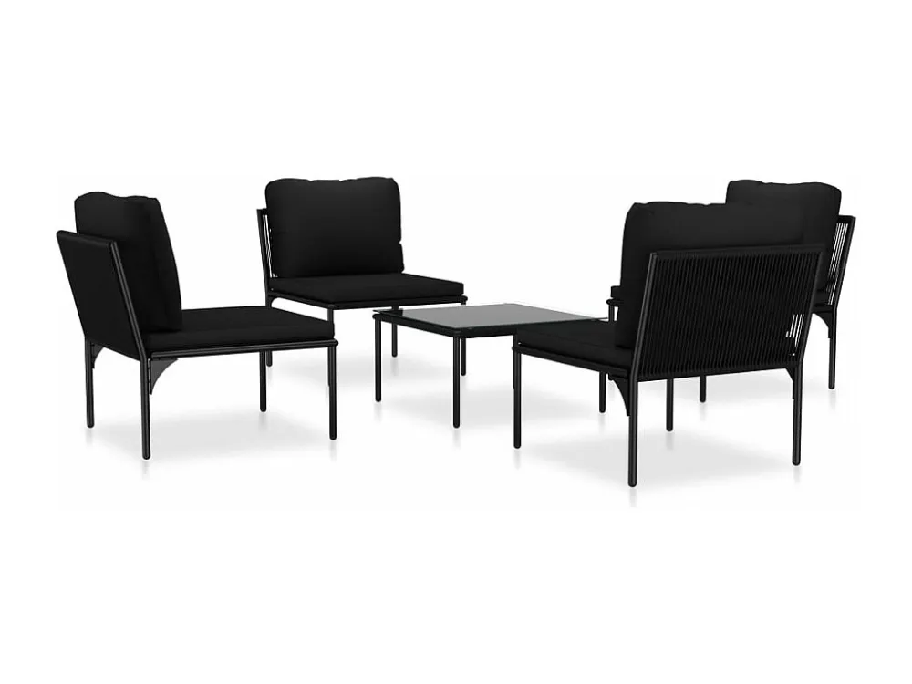 5 peças conjunto lounge de jardim com almofadões PVC preto | Montagem Fácil e Rápida