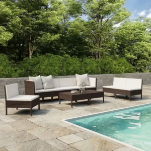 9 peças conjunto lounge jardim com almofadões vime PE castanho Fácil de Guardar