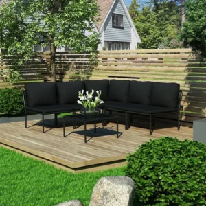 6 peças conjunto lounge de jardim com almofadões PVC preto com Tecido Impermeável UV