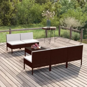 6 peças conjunto lounge jardim com almofadões vime PE castanho Dobrável e Portátil