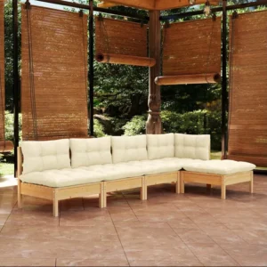 5 peças conjunto lounge jardim com almofadões cor creme pinho com Revestimento em Textilene