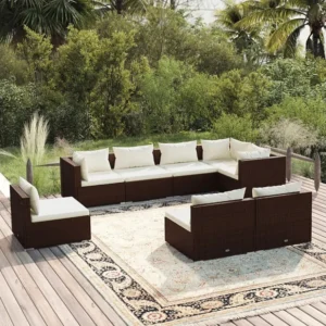 8 peças conjunto lounge jardim com almofadões vime PE castanho com Almofada Inclusa