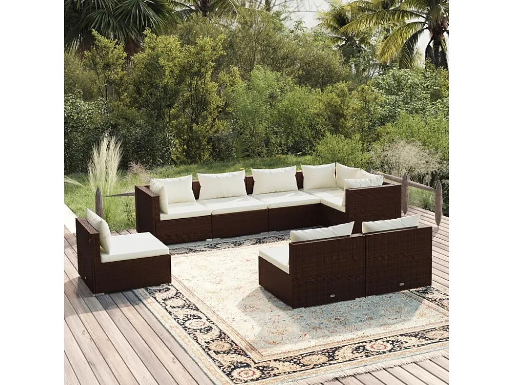 8 peças conjunto lounge jardim com almofadões vime PE castanho com Almofada Inclusa
