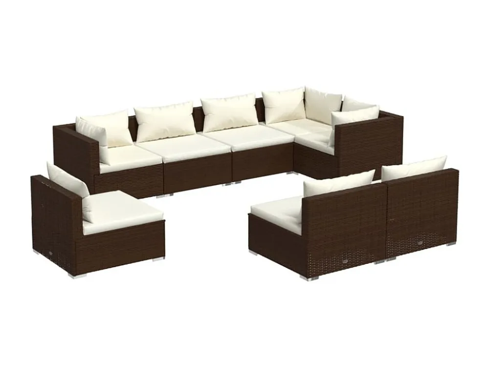 8 peças conjunto lounge jardim com almofadões vime PE castanho com Almofada Inclusa