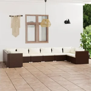 10 peças conjunto lounge jardim com almofadões vime PE castanho com Revestimento em Textilene