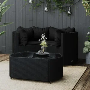 4 peças conjunto lounge de jardim com almofadões vime PE preto com Encosto Ajustável