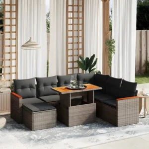 8 peças conjunto sofás de jardim com almofadões vime PE cinzento em Ferro Forjado