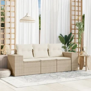 3 peças conjunto de sofás para jardim com almofadões vime PE bege Fácil de Guardar