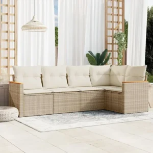5 peças conjunto de sofás para jardim com almofadões vime PE bege com Apoio para Bebidas