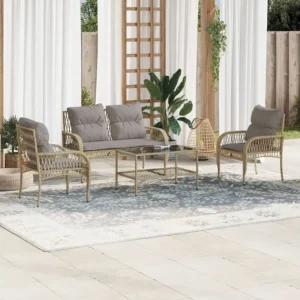 4 peças conjunto de sofás para jardim com almofadões vime PE bege com Tecido Impermeável UV