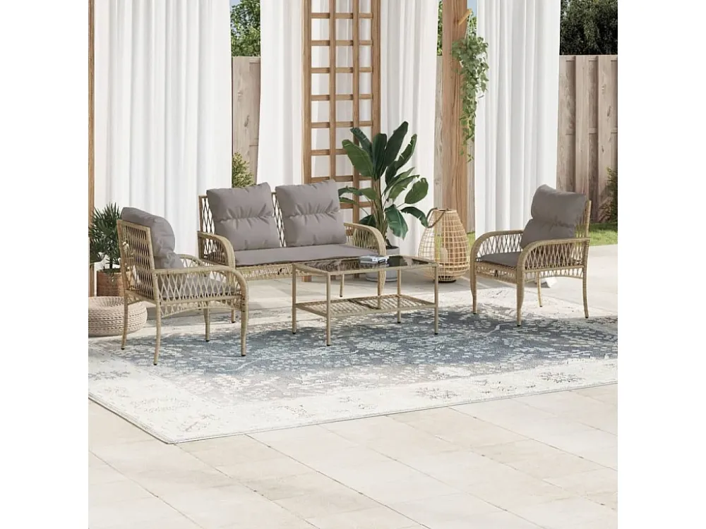 4 peças conjunto de sofás para jardim com almofadões vime PE bege com Tecido Impermeável UV