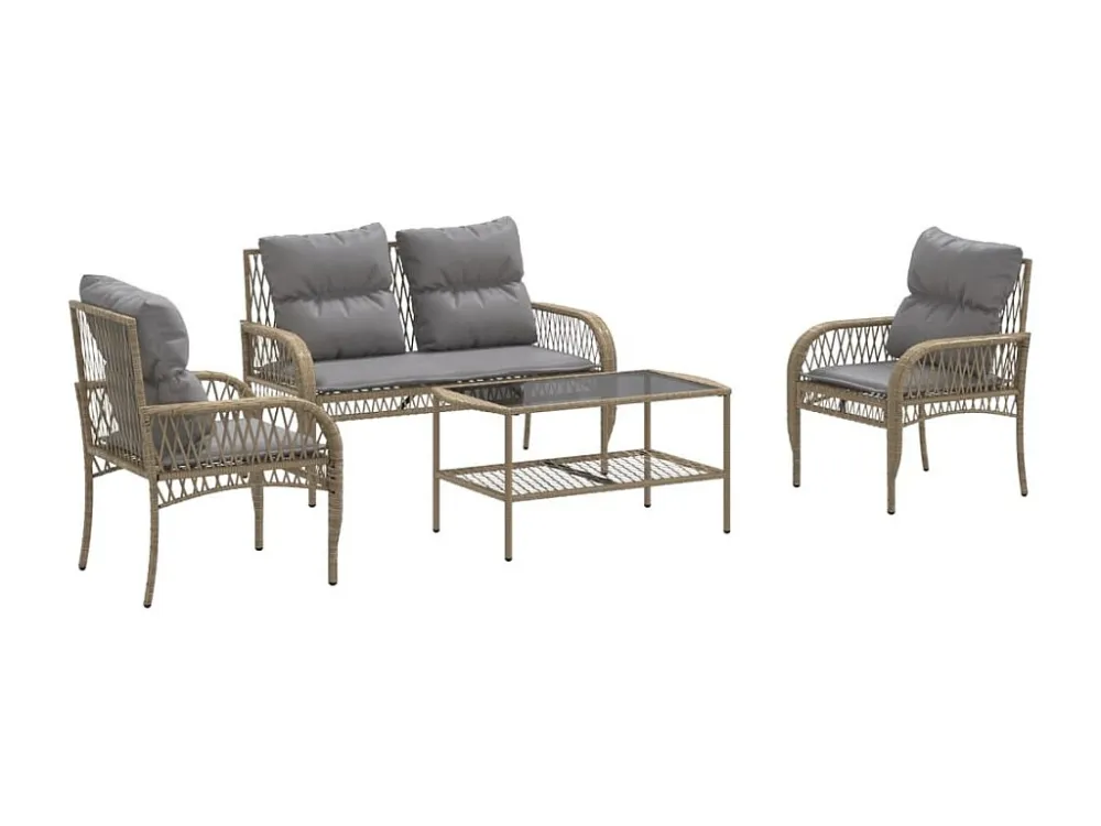 4 peças conjunto de sofás para jardim com almofadões vime PE bege com Tecido Impermeável UV
