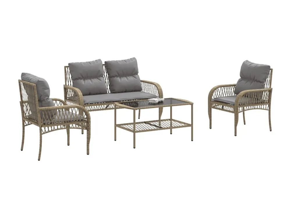 4 peças conjunto de sofás para jardim com almofadões vime PE bege com Tecido Impermeável UV