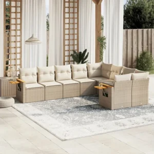 9 peças conjunto de sofás para jardim com almofadões vime PE bege | Montagem Fácil e Rápida
