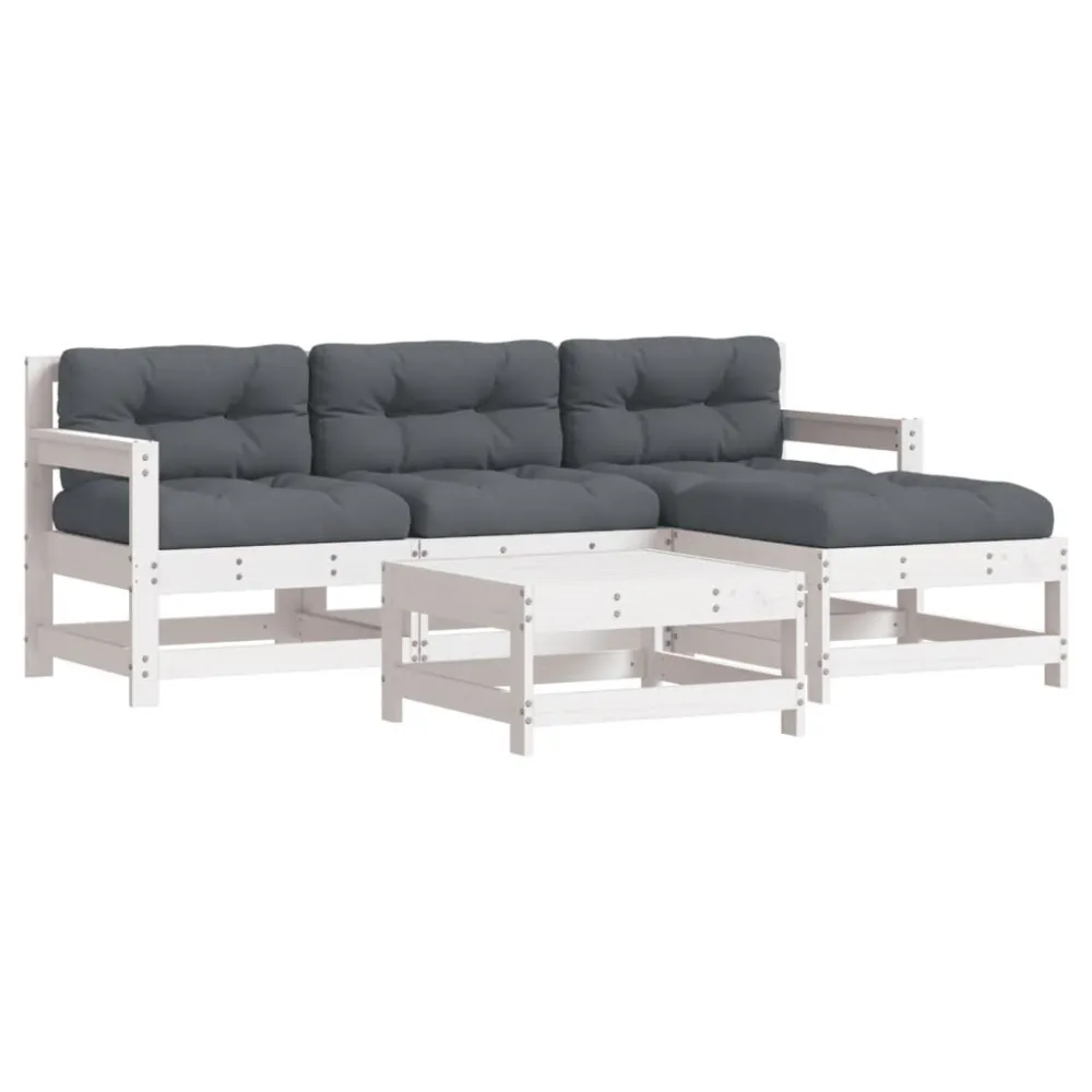 Poltrona de Rattan 5pcs conjunto lounge jardim com almofadões madeira maciç branco