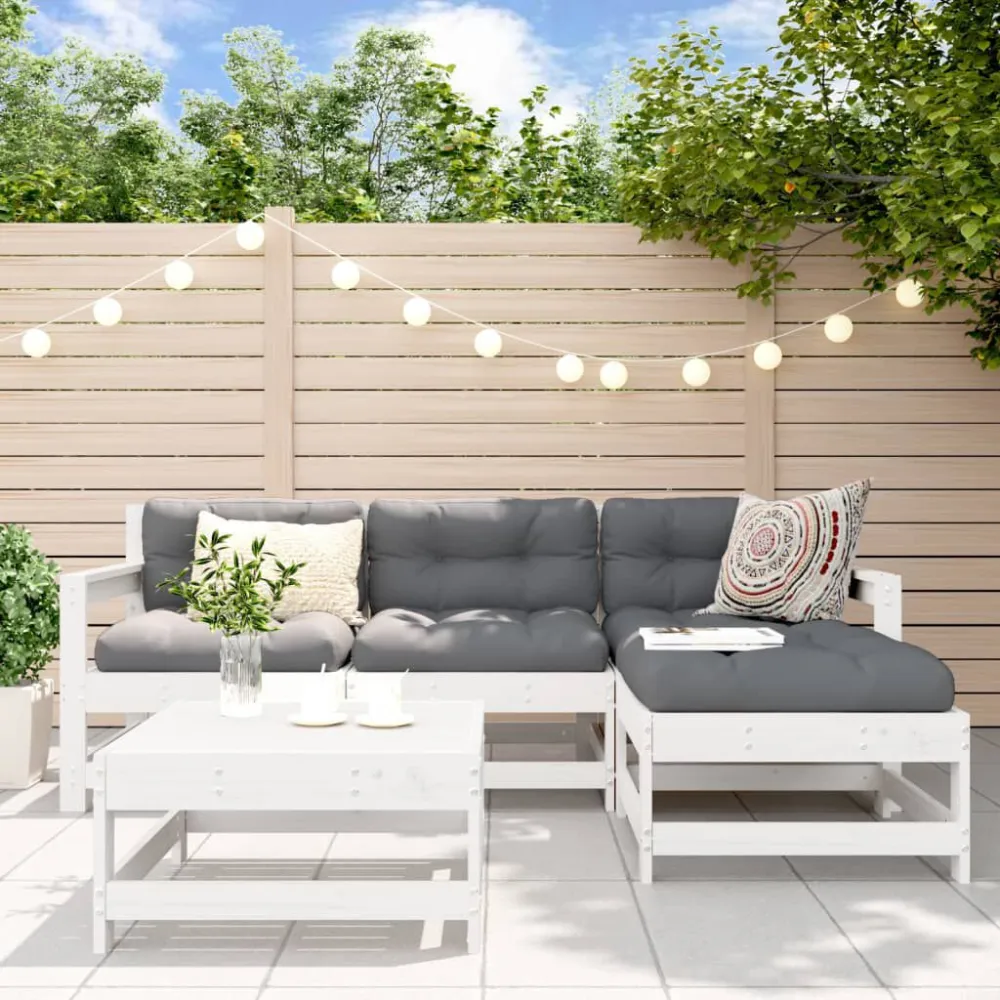 Poltrona de Rattan 5pcs conjunto lounge jardim com almofadões madeira maciç branco