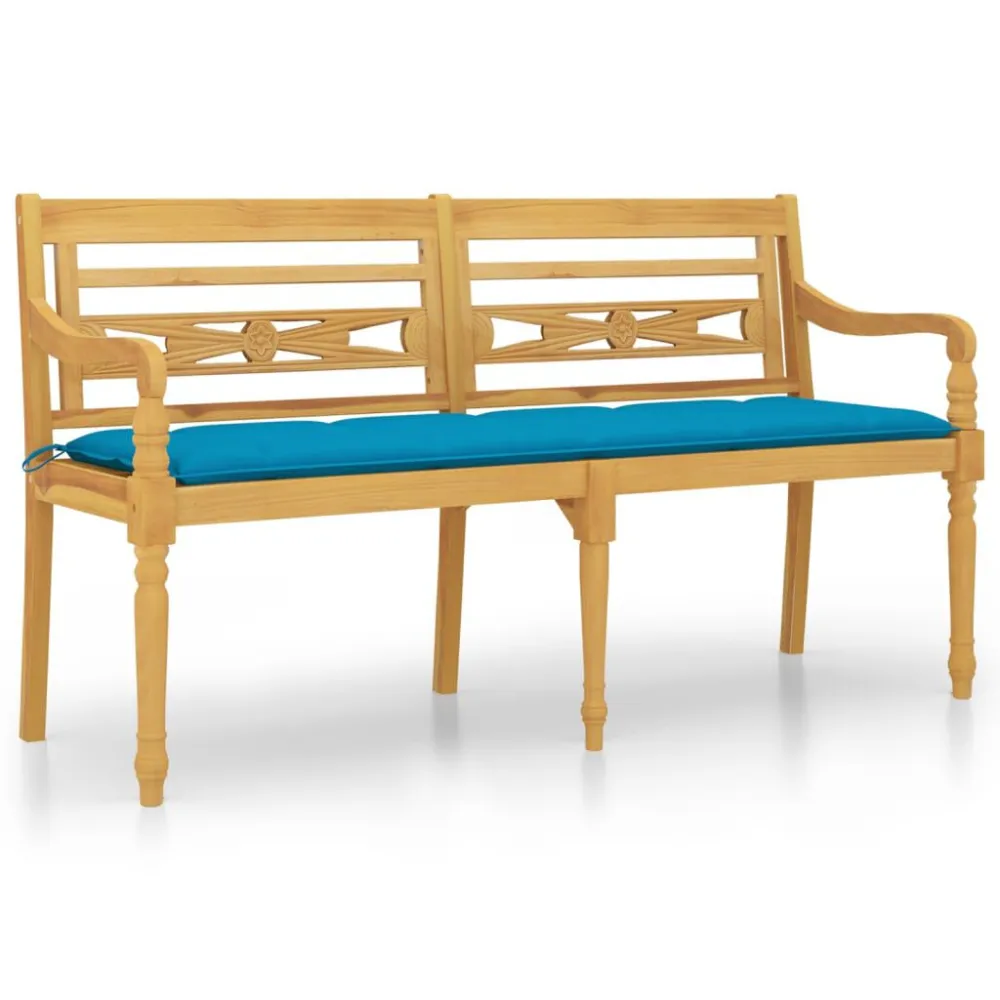 Poltrona de Rattan Banco Batavia com almofadão azul evidente 150cm madeira teca maciç