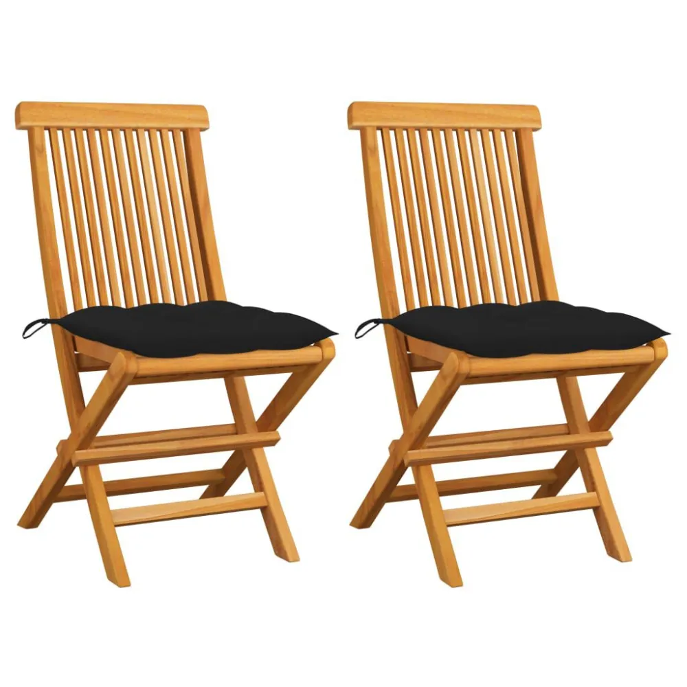 Poltrona de Rattan Cadeiras de jardim com almofadões pretos 2 pcs teca maciç