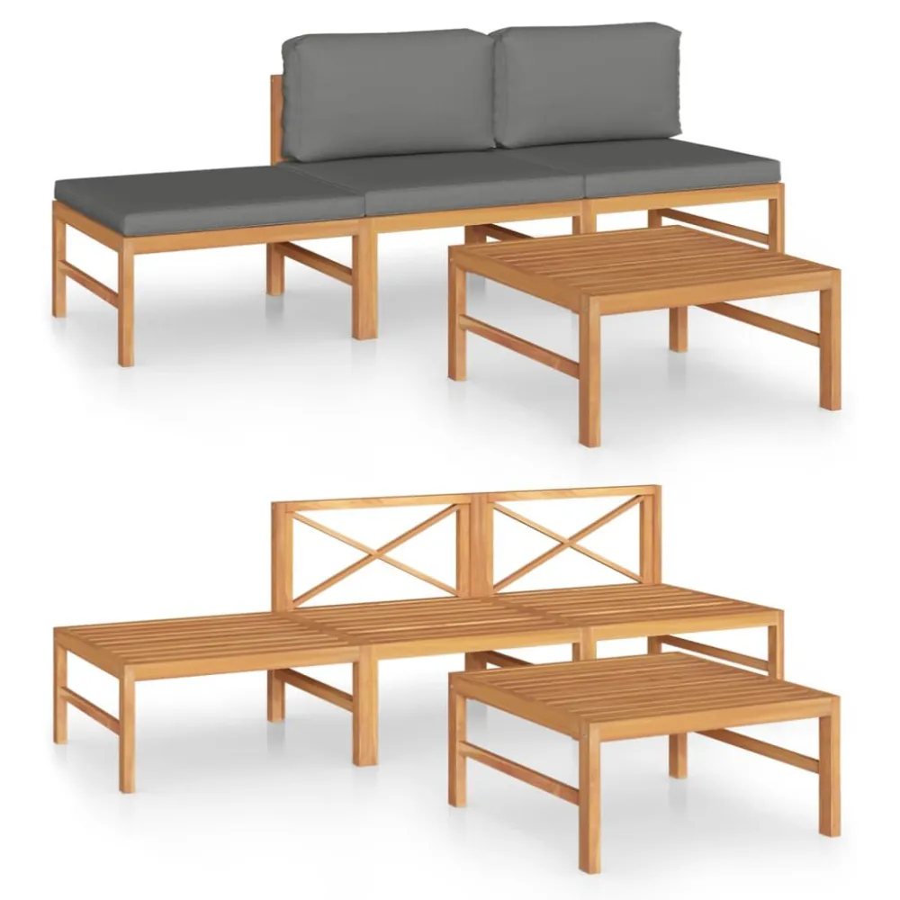 Poltrona de Rattan 4 pcs conj. lounge jardim com almofadões cinzentos teca maciç
