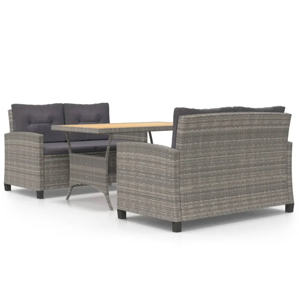 Poltrona de Rattan 3 pcs conjunto jantar para jardim com almofadões vime PE cinzento