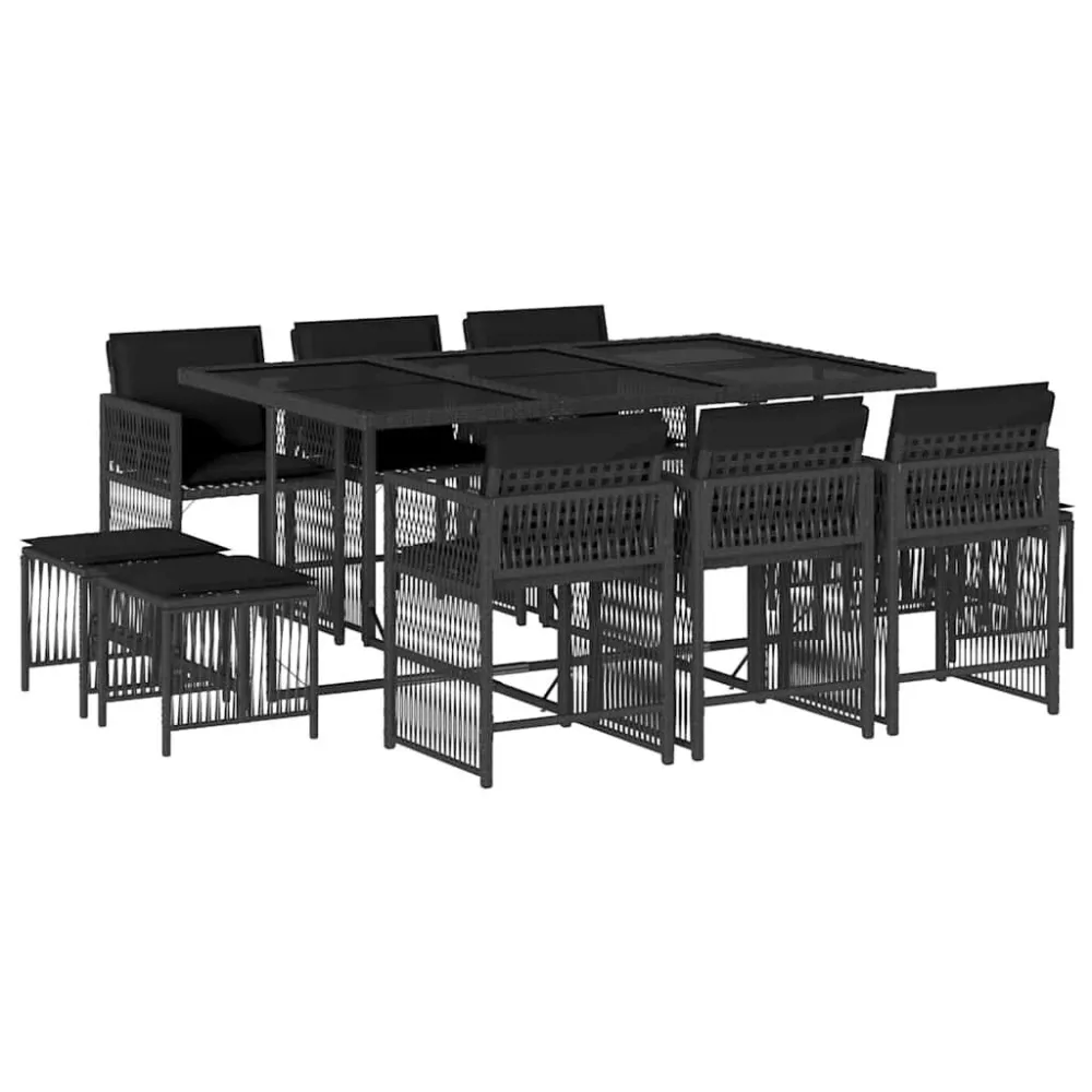 Poltrona de Rattan 11 pcs conjunto de jantar para jardim com almofadões vime PE preto