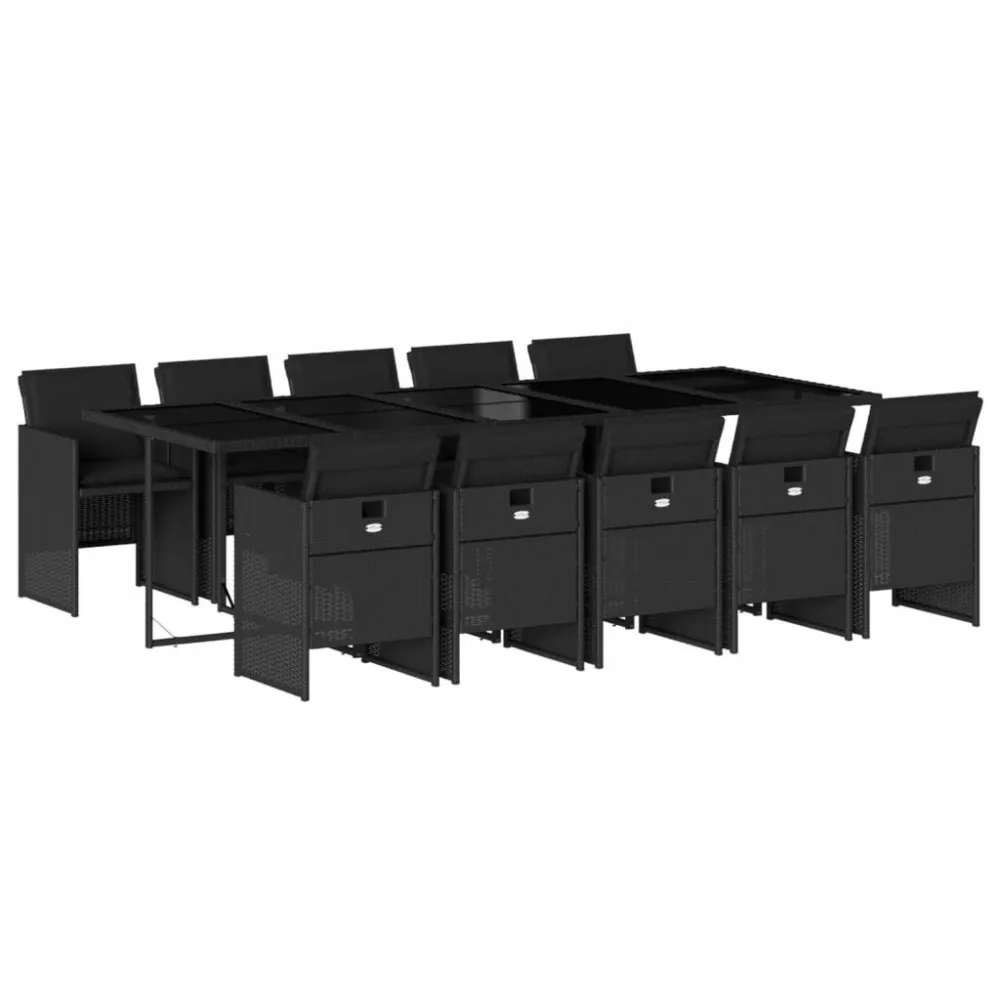 Poltrona de Rattan 11 pcs conjunto de jantar para jardim com almofadões vime PE preto