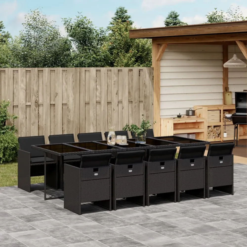 Poltrona de Rattan 11 pcs conjunto de jantar para jardim com almofadões vime PE preto
