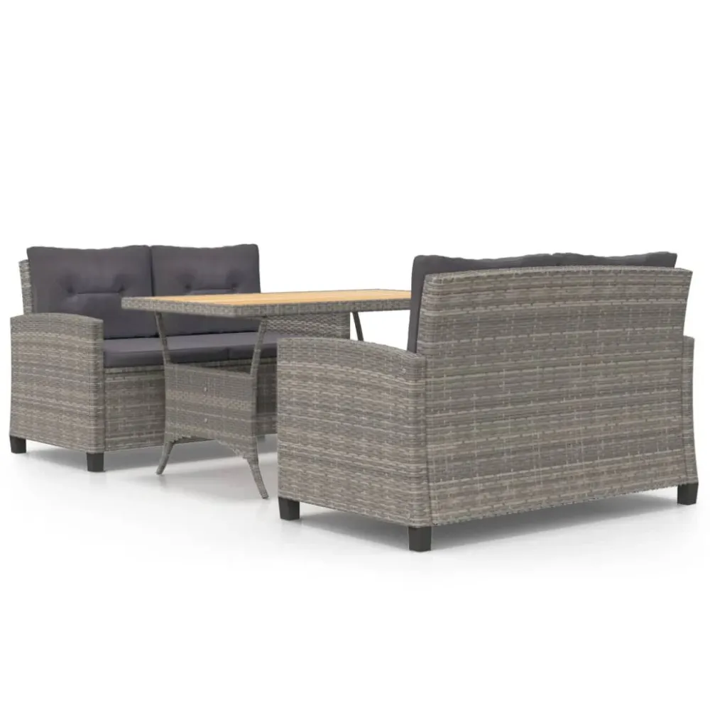 Poltrona de Rattan 3 pcs conjunto jantar para jardim com almofadões vime PE cinzento