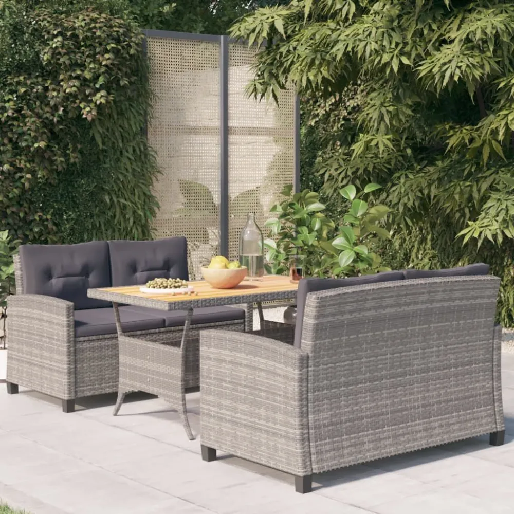 Poltrona de Rattan 3 pcs conjunto jantar para jardim com almofadões vime PE cinzento
