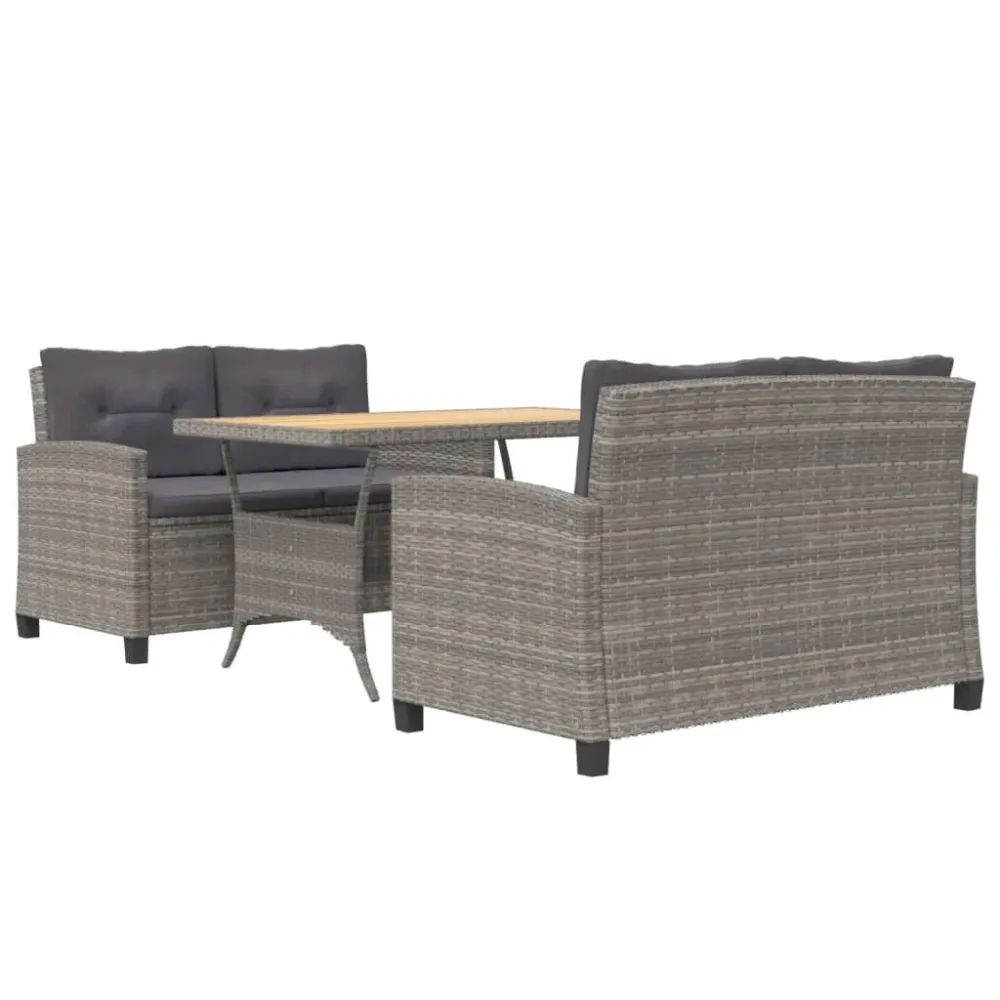 Poltrona de Rattan 3 pcs conjunto jantar para jardim com almofadões vime PE cinzento