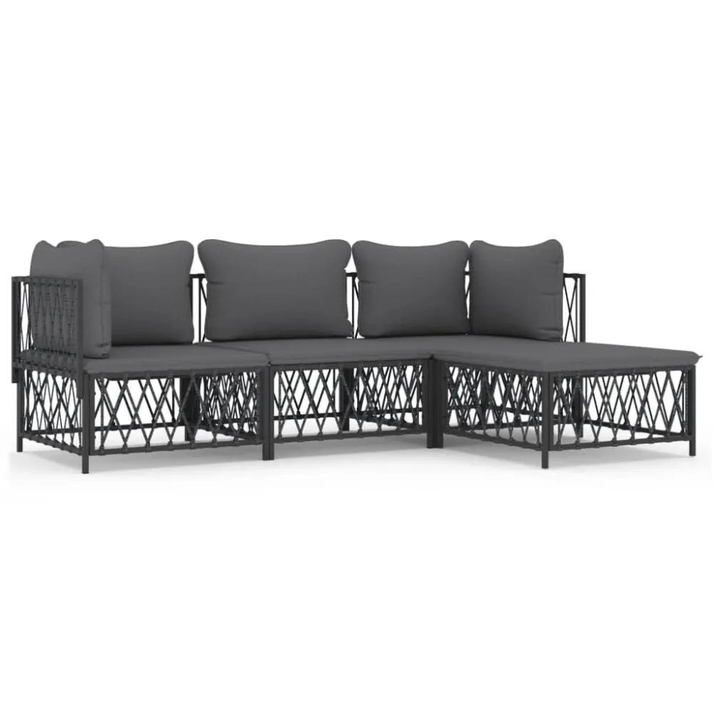 Poltrona de Rattan 4 pcs conjunto lounge de jardim com almofadões ço antracite