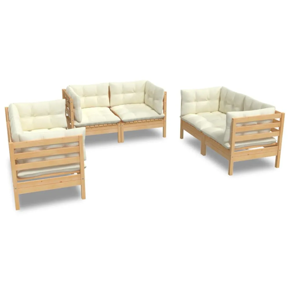 Poltrona de Rattan 6 pcs conjunto lounge jardim com almofadões creme pinho maciço