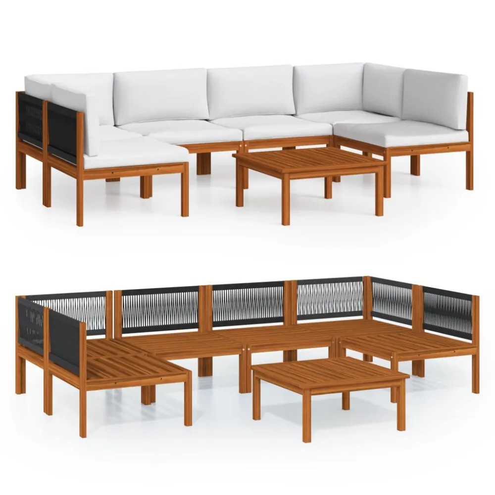 Poltrona de Rattan 7 pcs conjunto lounge jardim com almofadões acácia maciç creme