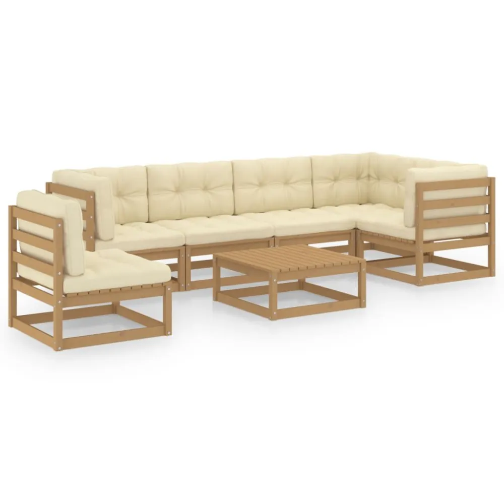Poltrona de Rattan 7 pcs conjunto lounge de jardim com almofadões pinho maciço