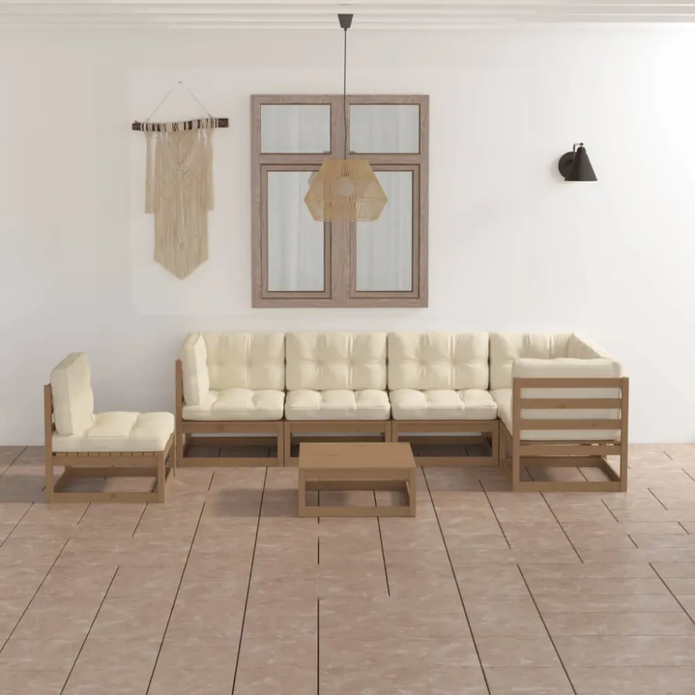 Poltrona de Rattan 7 pcs conjunto lounge de jardim com almofadões pinho maciço