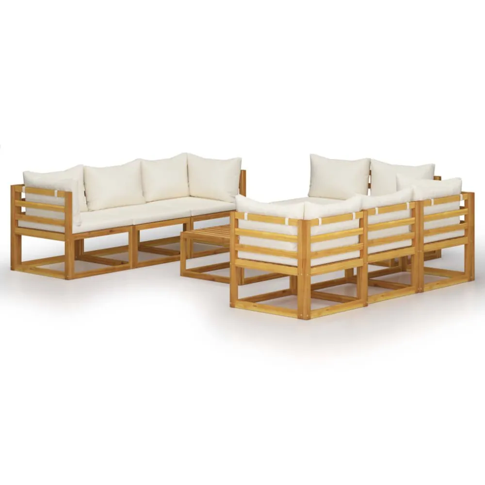 Poltrona de Rattan 9 pcs conjunto lounge jardim com almofadões acácia maciç creme