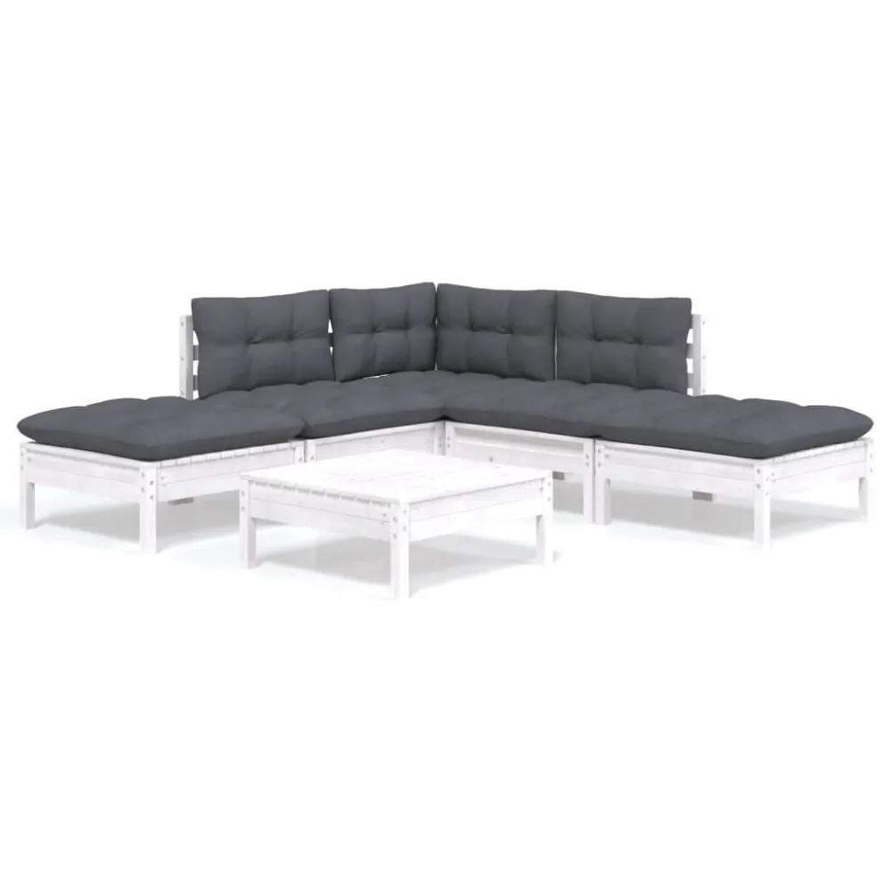 Poltrona de Rattan 6 pcs conjunto lounge de jardim com almofadões pinho branco