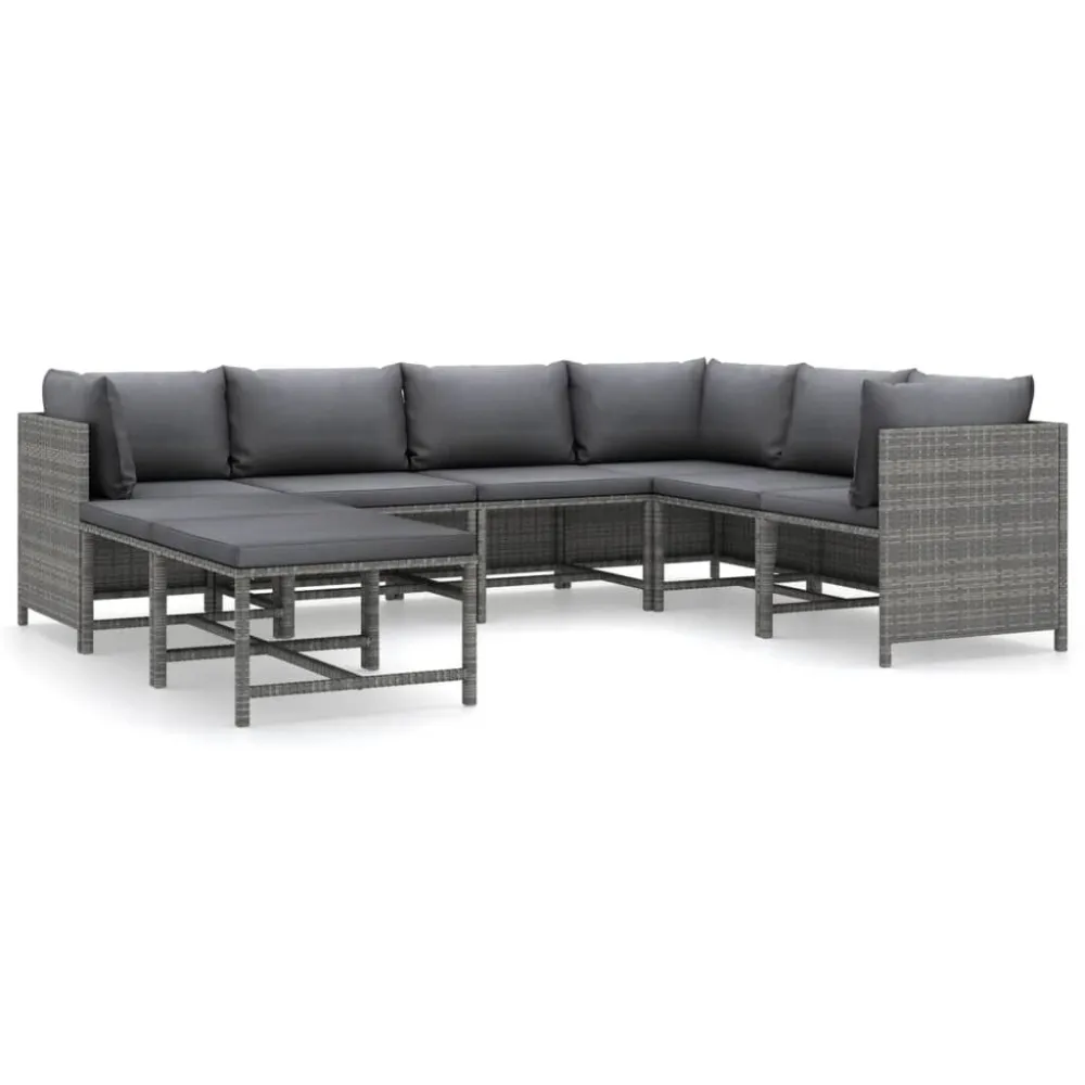 Poltrona de Rattan 8 pcs conjunto lounge de jardim com almofadões vime PE cinzento