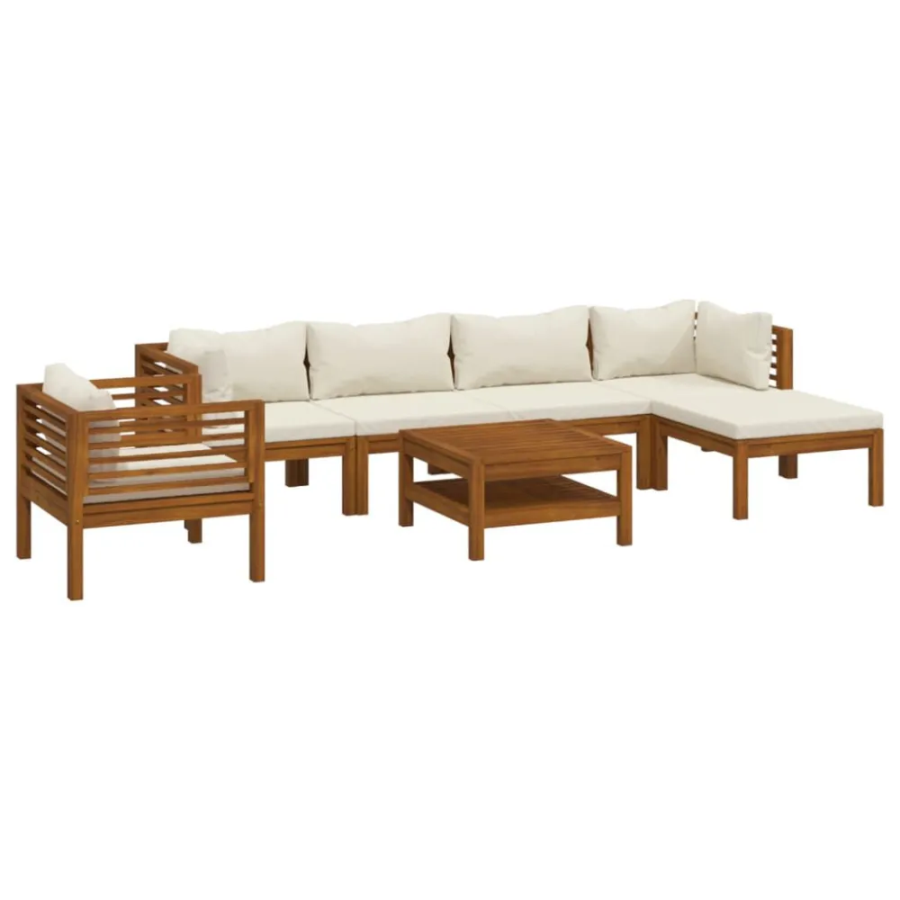 Poltrona de Rattan 7 pcs conjunto lounge jardim com almofadões creme acácia maciç