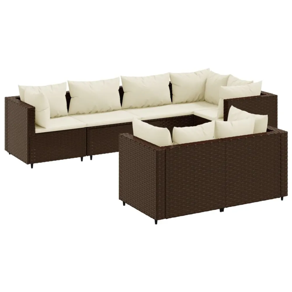 Poltrona de Rattan 7 pcs conjunto lounge de jardim com almofadões vime PE castanho