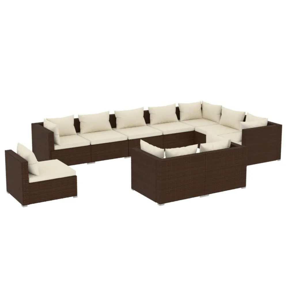 Poltrona de Rattan 10 pcs conjunto lounge de jardim com almofadões vime PE castanho