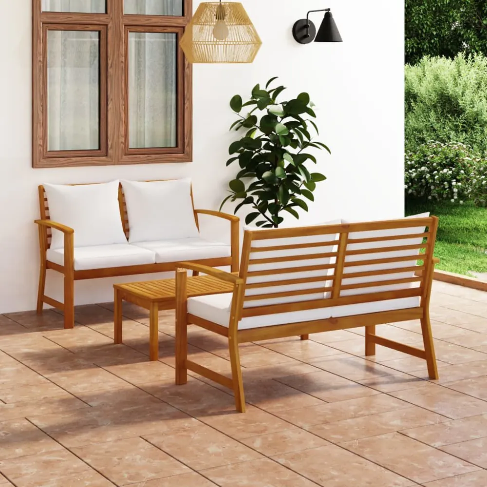 Poltrona de Rattan 3 pcs conjunto de lounge de jardim com almofadões acácia maciç